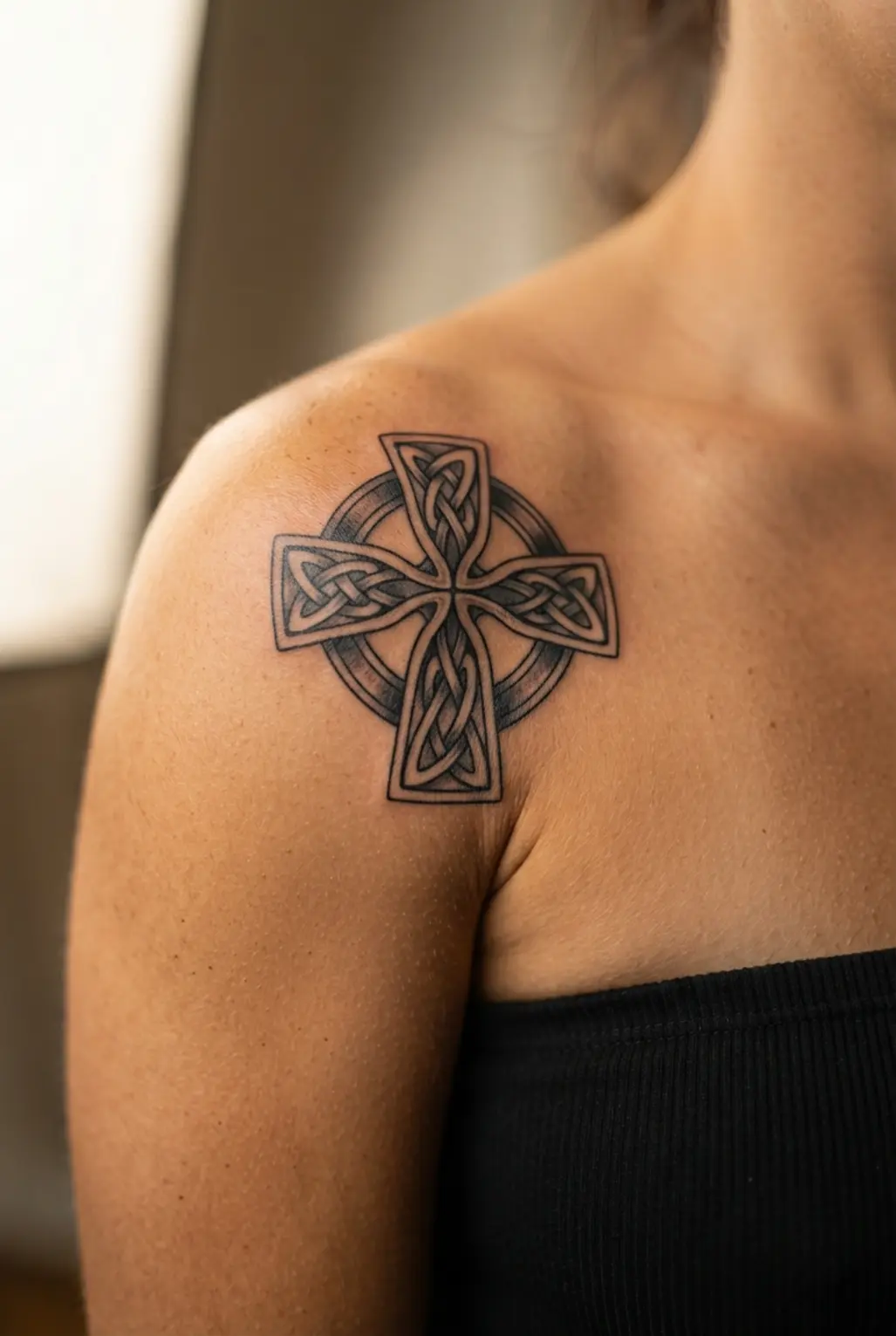 Detailed Celtic knotwork cross tattoos on shoulder with looping black lines placed across the upper deltoid.