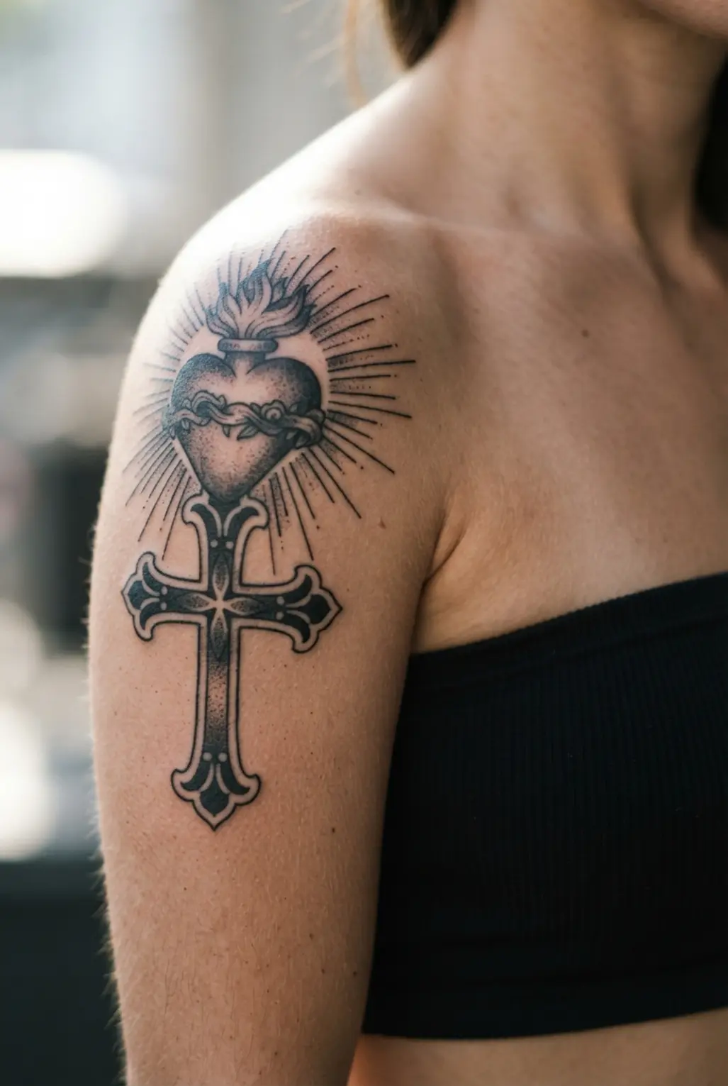 Sacred Heart and cross composition with flames, rays, and bold blackwork arranged on the upper arm.