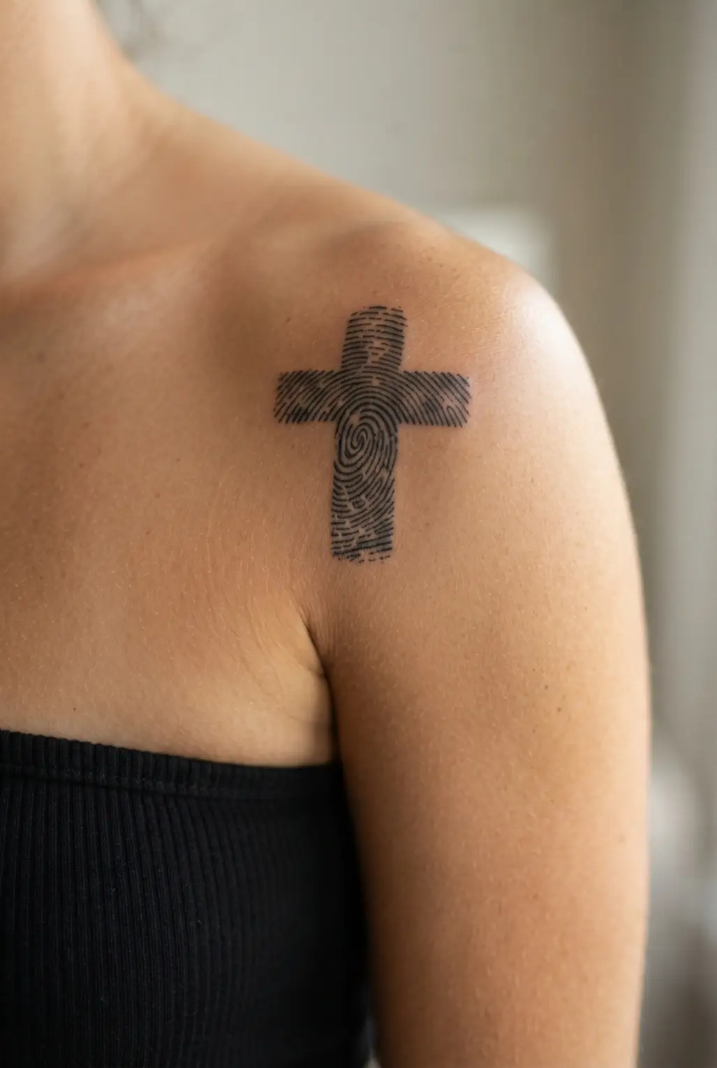 Simple fingerprint texture cross with curved line bands and a compact placement on the shoulder cap.