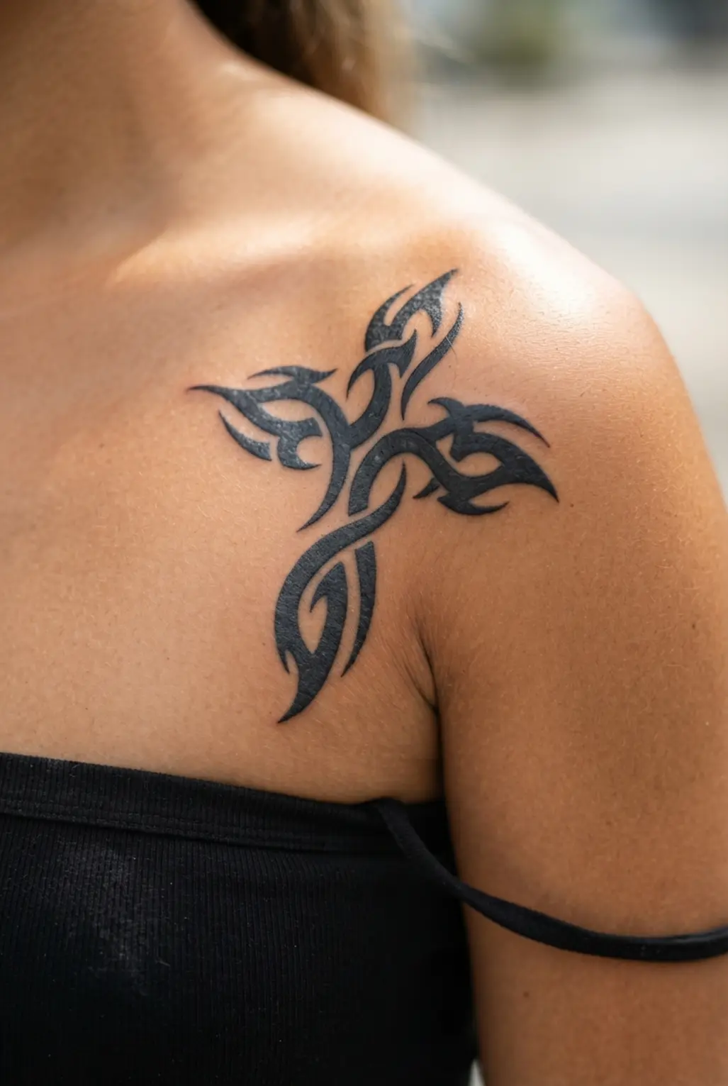 Bold tribal style cross tattoo with heavy curved black shapes positioned over the outer shoulder.