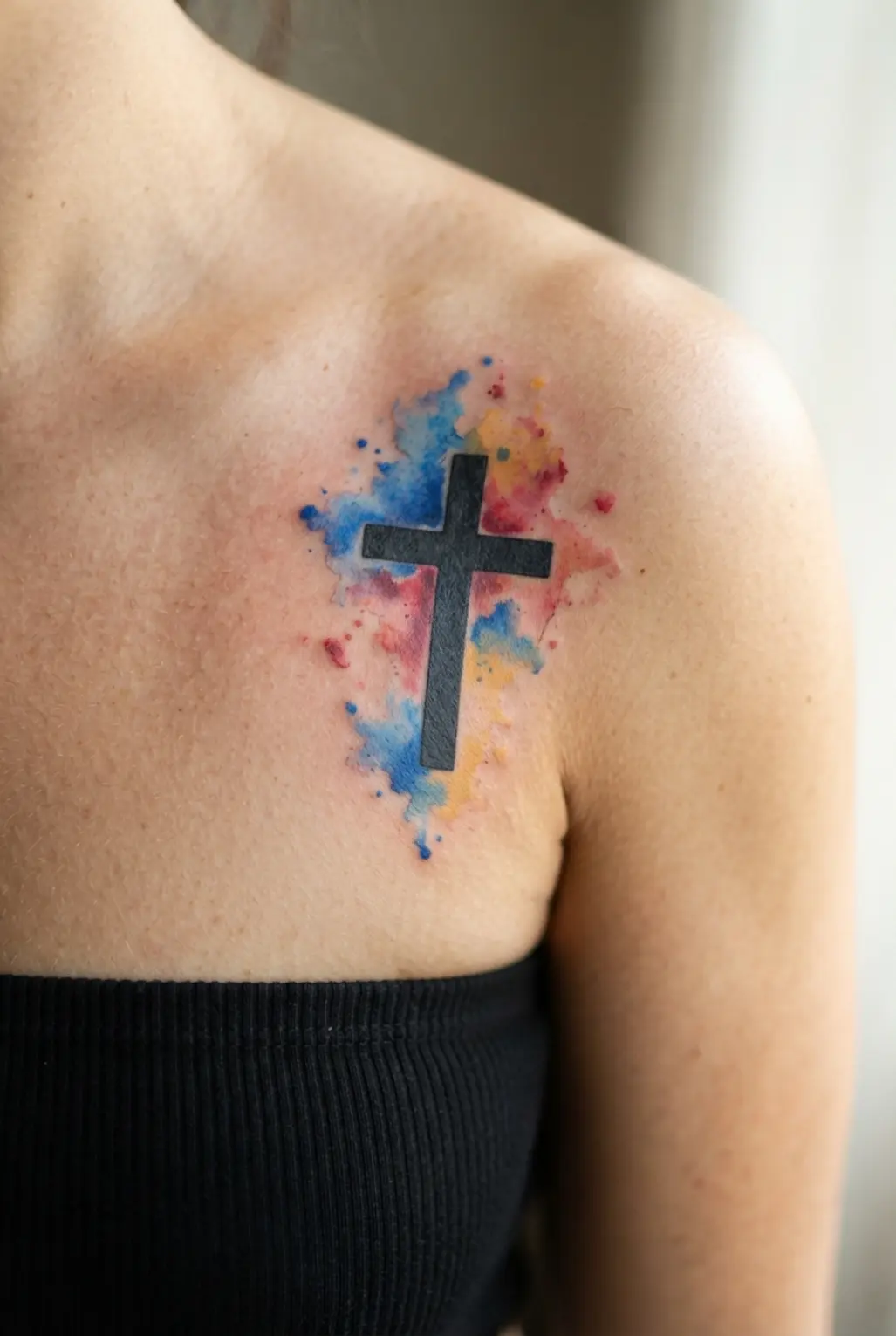 Watercolor splash background behind a clean cross, showing blue, red, and gold color across the shoulder.