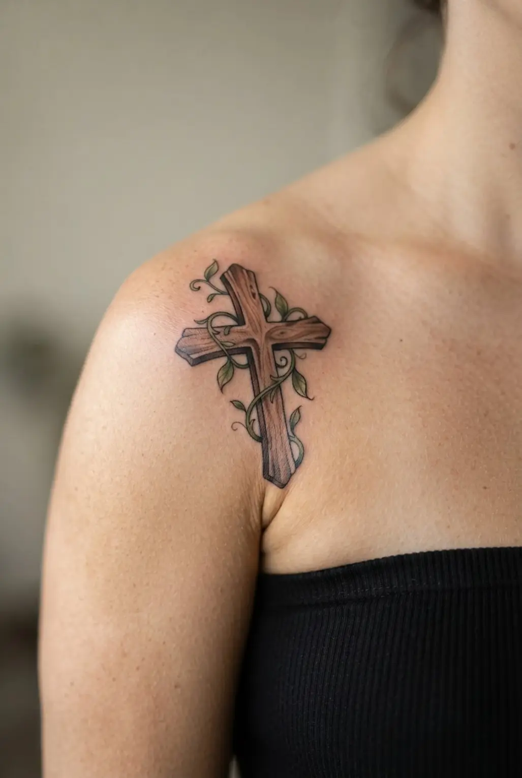 Realistic wooden cross with curling vines, brown and green shading, placed over the shoulder cap.