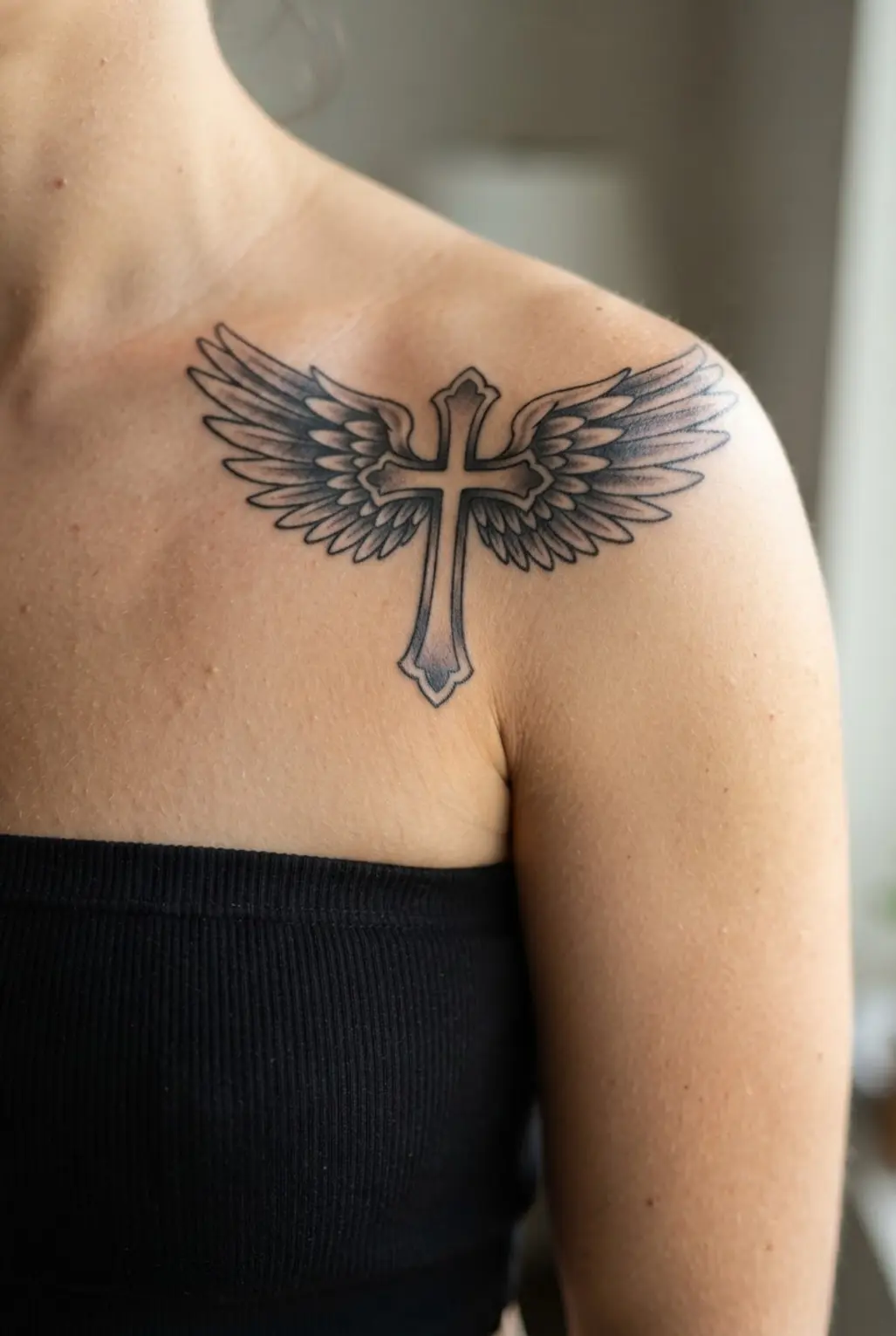 Black and grey winged cross tattoos on shoulder with feather detail spreading across the deltoid.