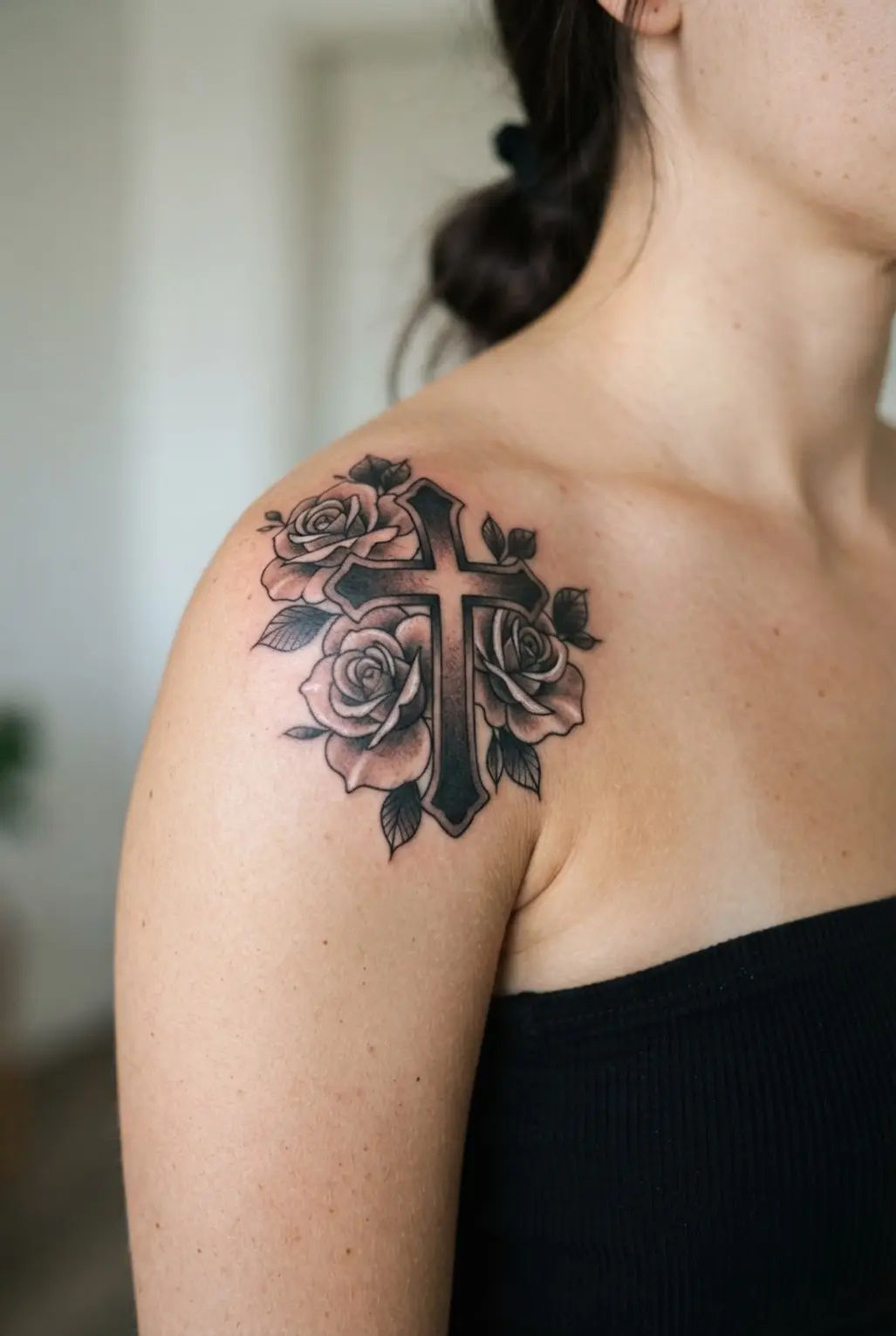Cross tattoos on shoulder with shaded roses beside a dark cross, arranged along the rounded shoulder.