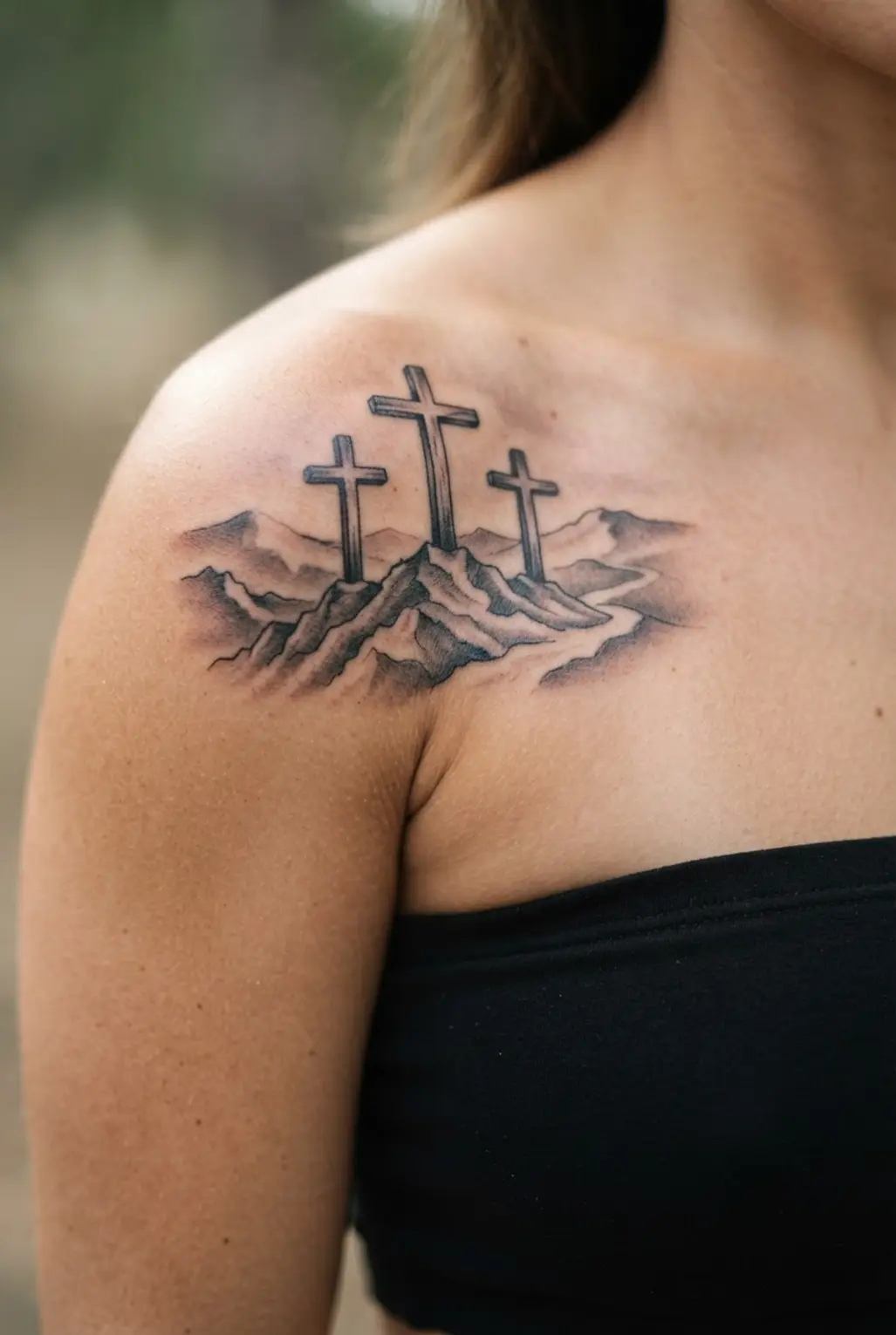 Triple Calvary cross tattoos on shoulder with three crosses, distant hills, and soft grey shading.
