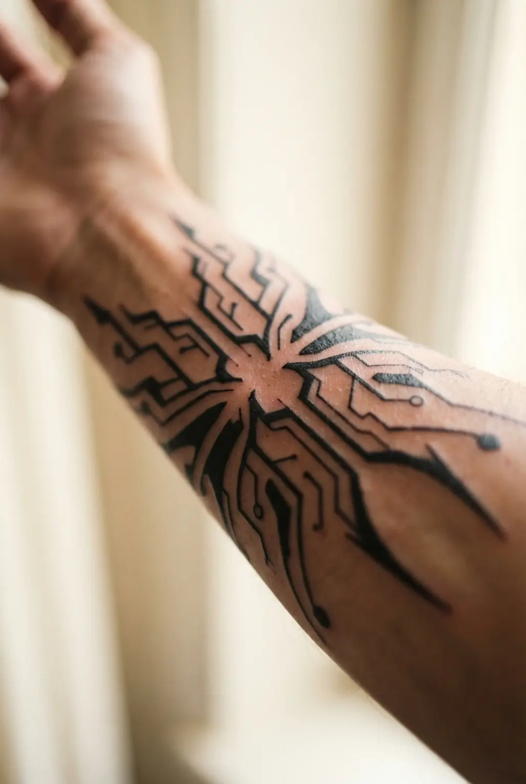 Cyber sigilism tattoo ideas shown as a symmetrical forearm circuitry wrap in bold black ink.