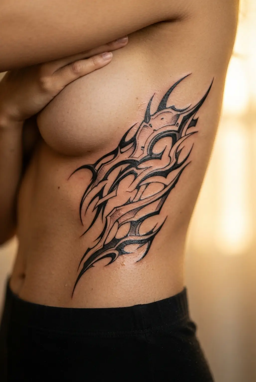 Cyber sigilism tattoo ideas shown as ribcage armor with curved black panels, spikes, and open skin breaks.