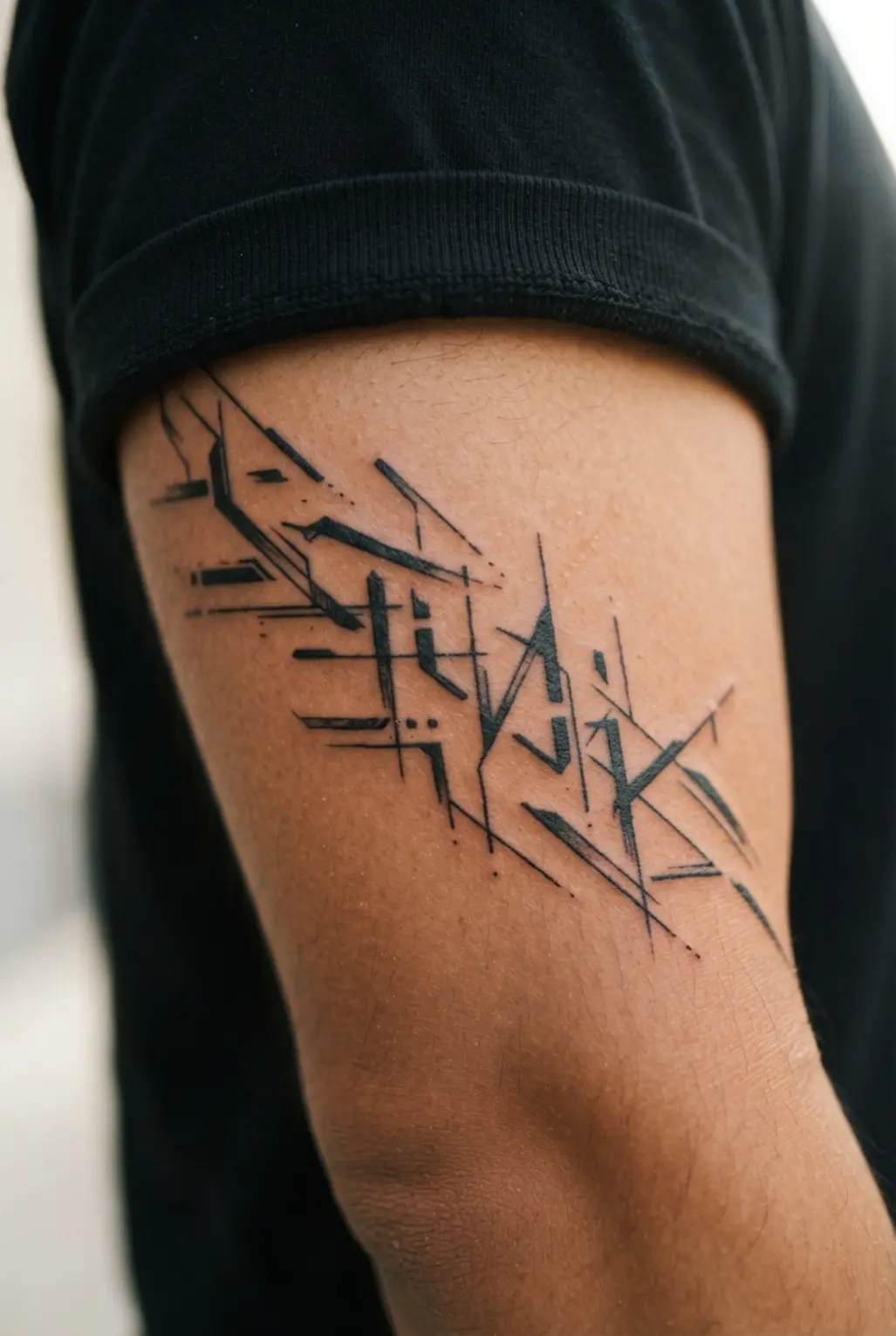 Cyber sigilism tattoo ideas shown as glitch script along the inner bicep with broken strokes and bold accents.