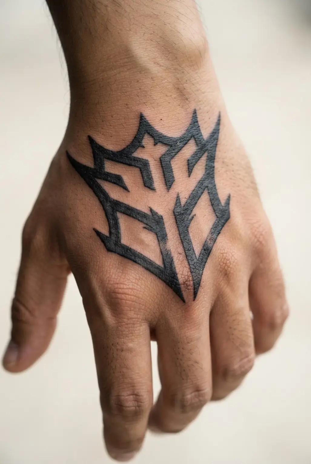 Cyber sigilism tattoo ideas shown as an abstract shield on the hand back with crisp points and open gaps.