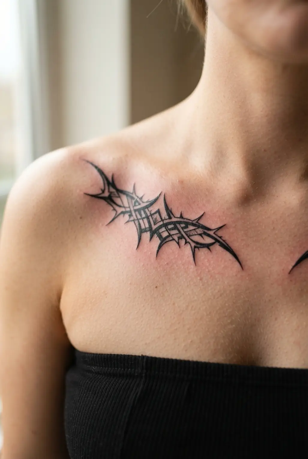 A mirrored thorned symbol stretches across the collarbone with pointed tips and even black line density.
