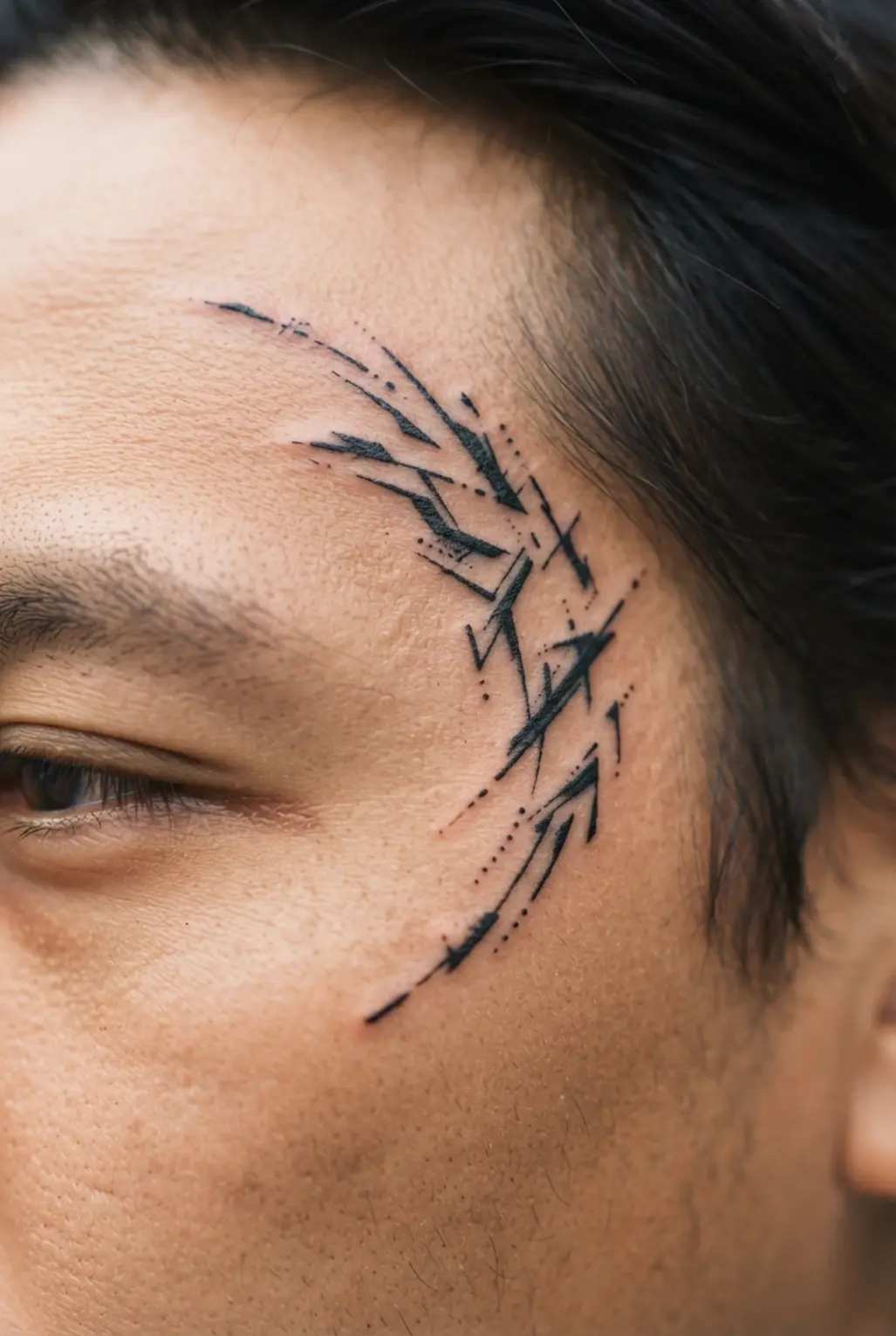 Cyber sigilism tattoo ideas shown as a minimalist face mark with short glitch strokes beside the temple.