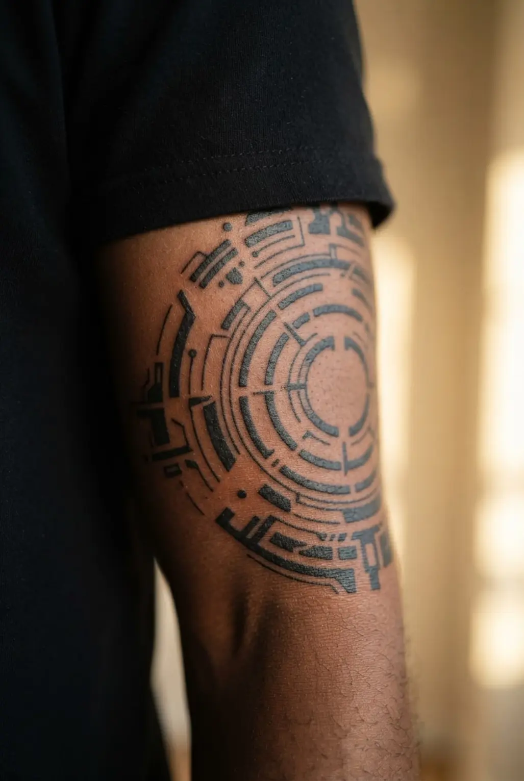 Concentric circuit rings wrap around the upper arm with repeated arcs, small breaks, and sharp terminals.