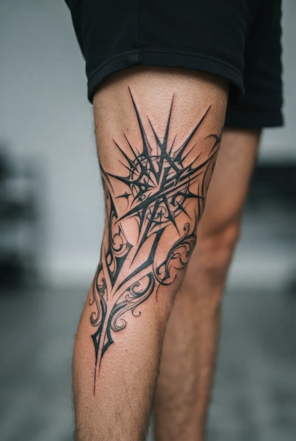 Cyber sigilism tattoo ideas shown as a full leg wrap with a central occult sigil and connected black spikes.