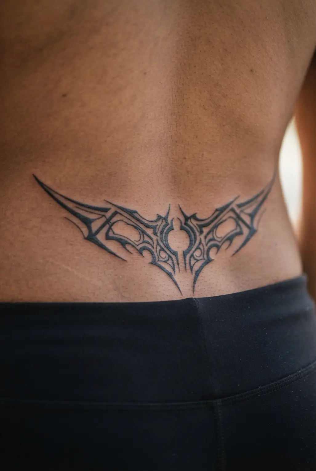 A curved lower back tattoo forms a clean cybernetic tribal arc with angular black lines and empty centers.