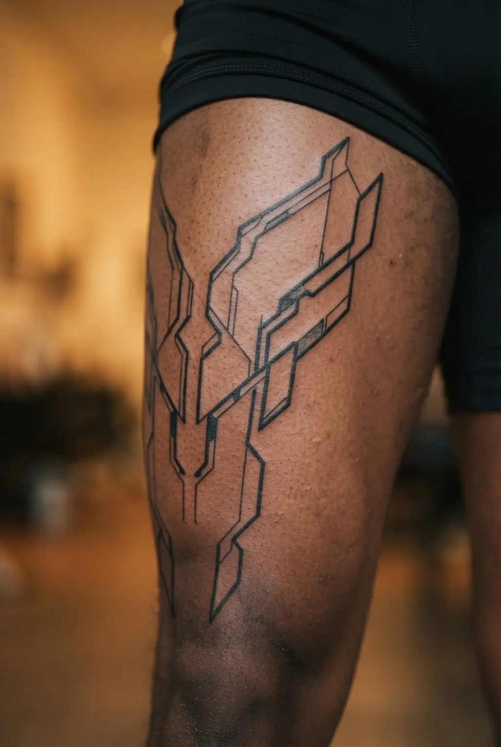 Cyber sigilism tattoo ideas shown as a geometric thigh exoskeleton with connected panels and pointed edges.