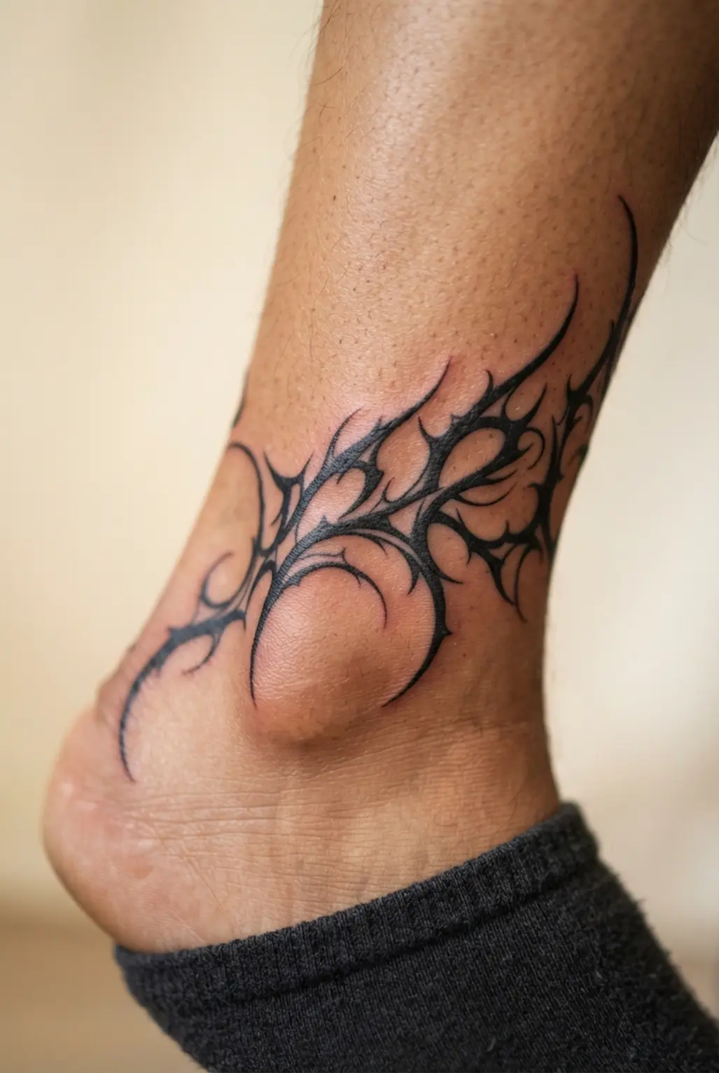 Cyber sigilism tattoo ideas shown as an ankle tendril with sharp thorns curling above the foot in black ink.