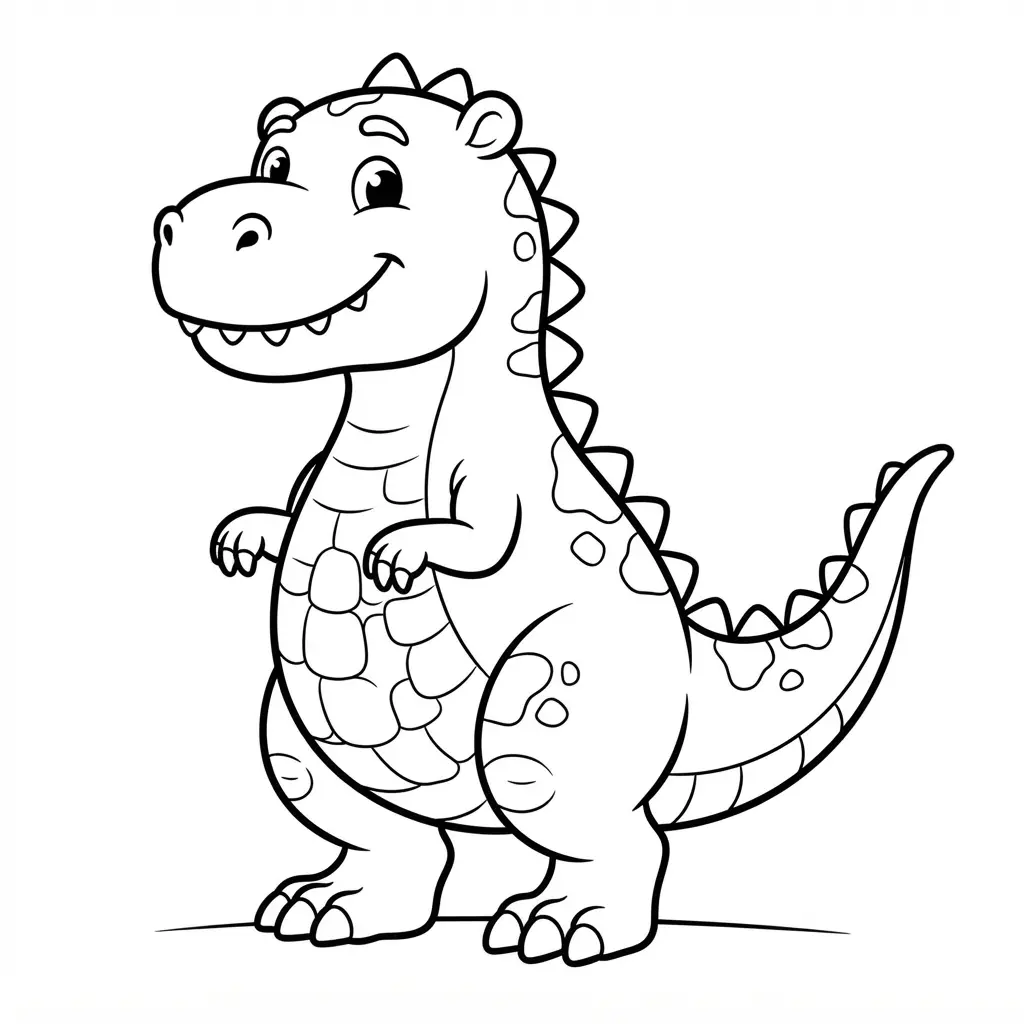 Dinosaur coloring pages showing a cute cartoon Tyrannosaurus Rex in bold black line art with open spaces.
