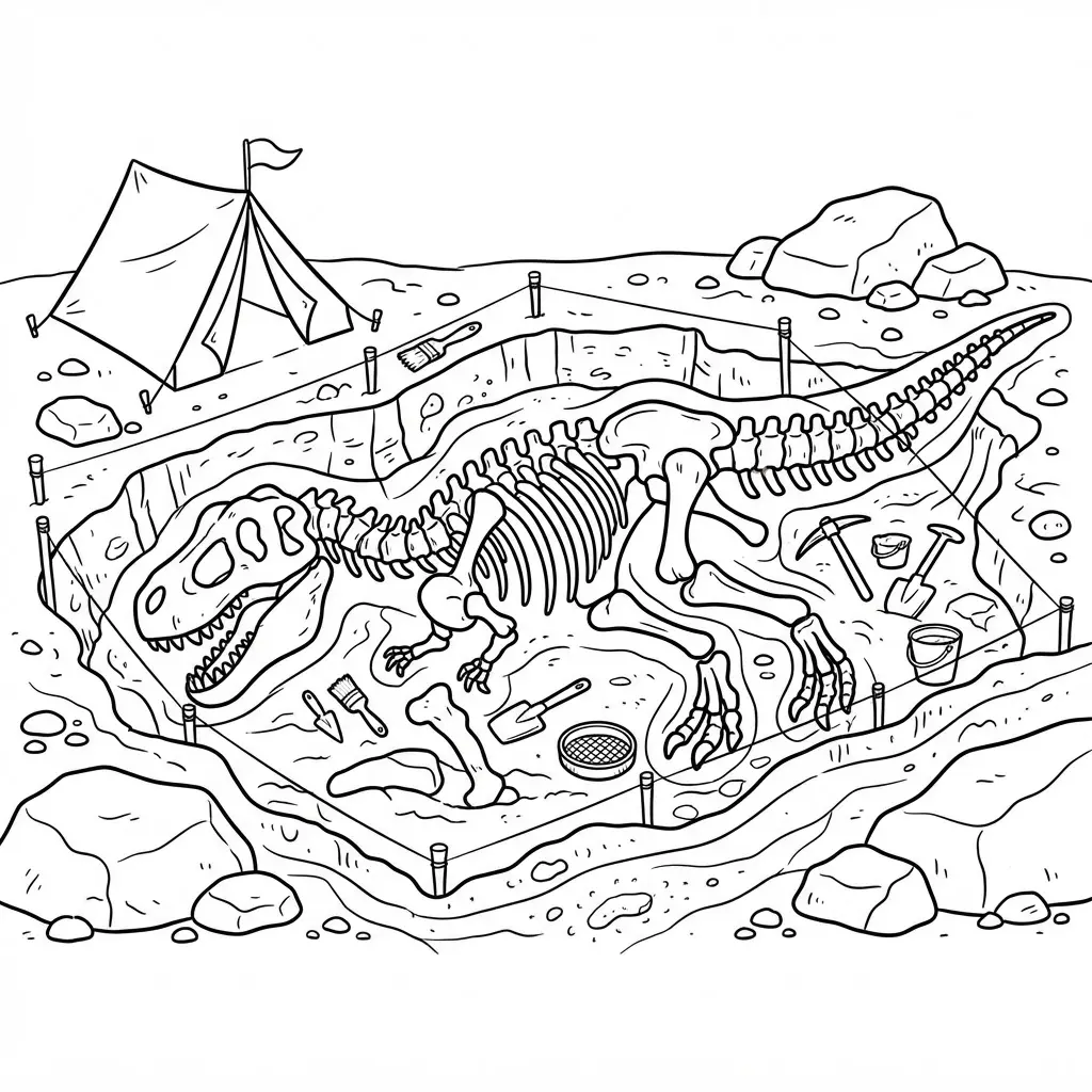 A dinosaur fossil skeleton rests in a dig site with brushes, small tools, soil layers, rocks, and a field tent.