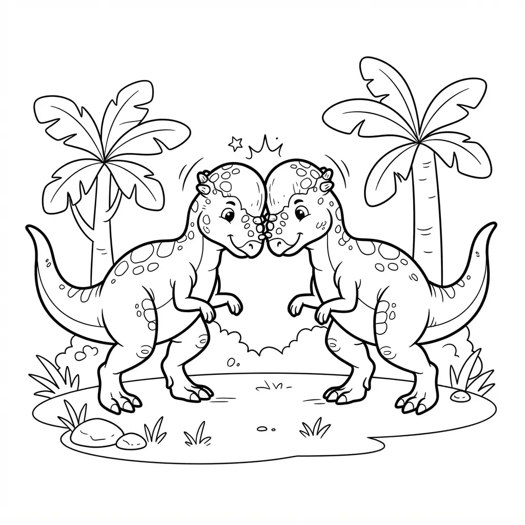 Dinosaur coloring pages featuring two Pachycephalosaurus bumping heads in a grassy clearing with trees and stones.