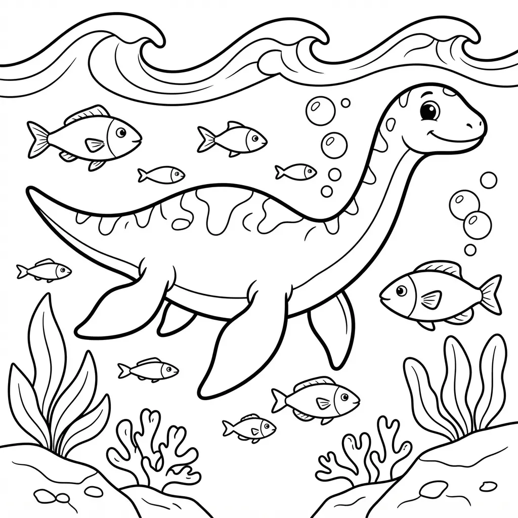 A giant Plesiosaurus swims beneath ocean waves with fish, sea plants, bubbles, and a rocky seabed.
