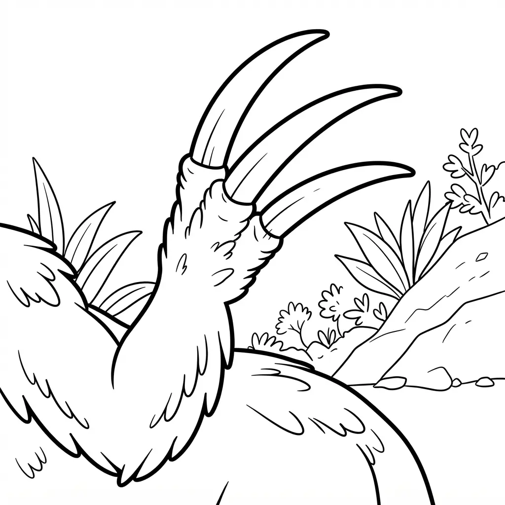 Dinosaur coloring pages showing a Therizinosaurus raising its large claws beside grasses, shrubs, and a rocky slope.