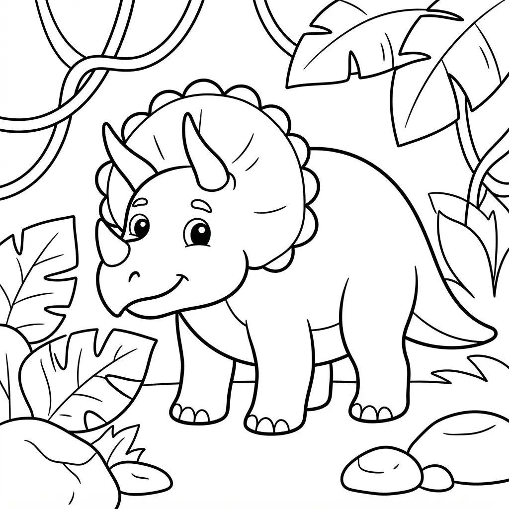 Detailed Triceratops line drawing surrounded by broad tropical leaves, vines, rocks, and a simple jungle background.