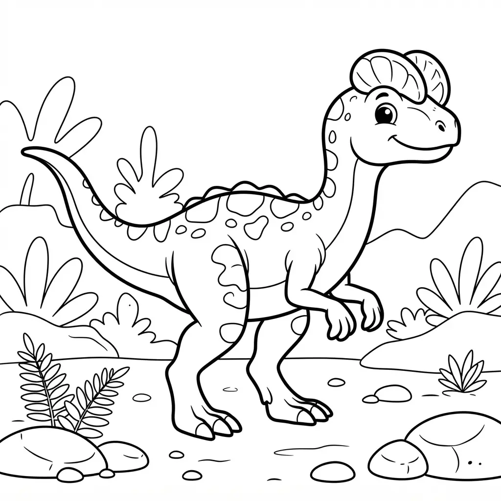 Dilophosaurus stands in profile with twin head crests, a long tail, ferns, stones, and a wooded background.