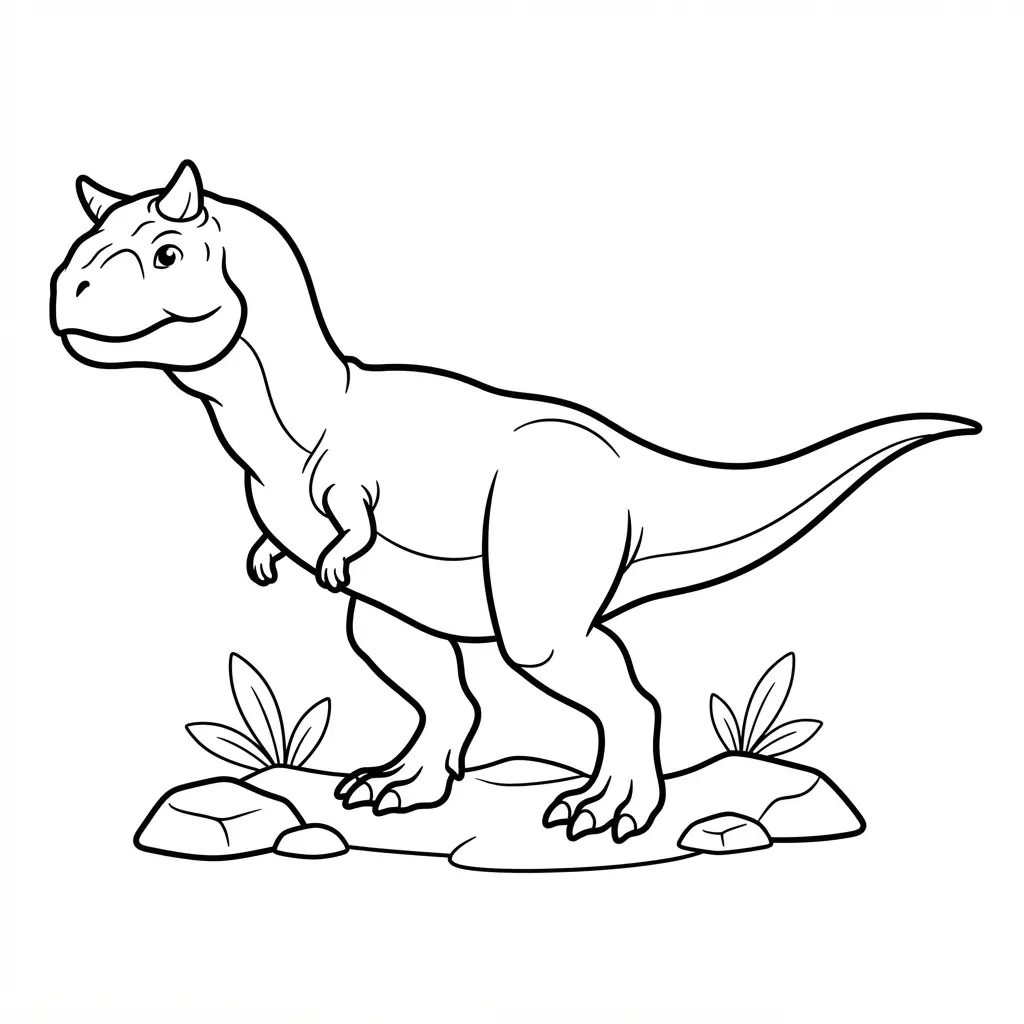 Carnotaurus appears in profile with prominent horns, small arms, a long tail, rocky ground, and sparse plants.