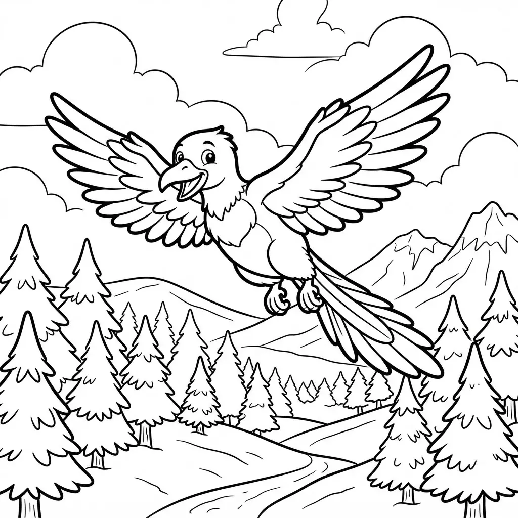 Dinosaur coloring pages featuring an Archaeopteryx flying above pine trees, rolling hills, clouds, and distant mountains.
