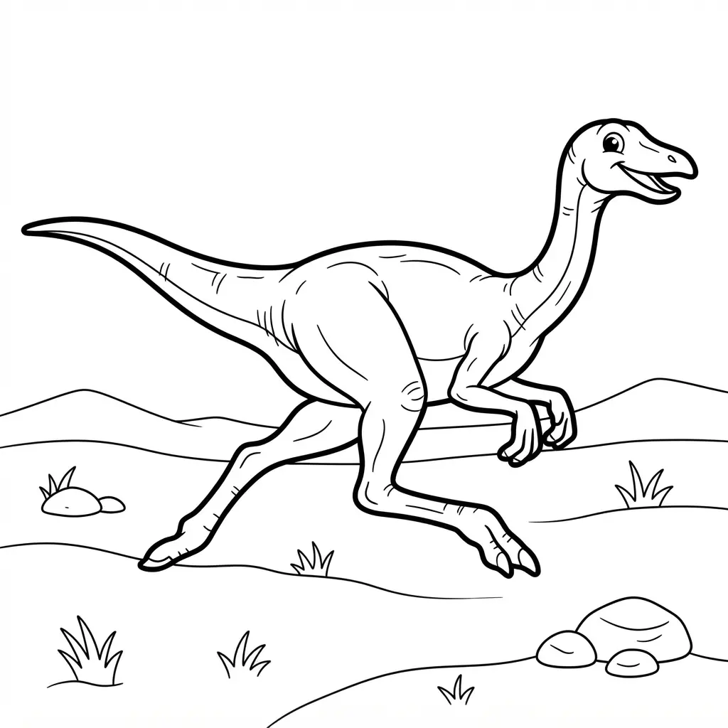Gallimimus runs across open ground with long legs, a flowing tail, grass tufts, rocks, and low hills.