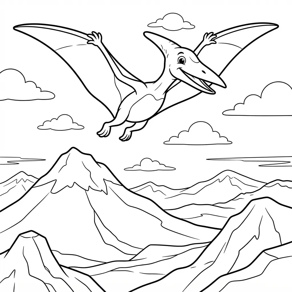 Dinosaur coloring pages featuring a soaring Pterodactyl above mountain peaks, clouds, and distant ridges in clean ink lines.