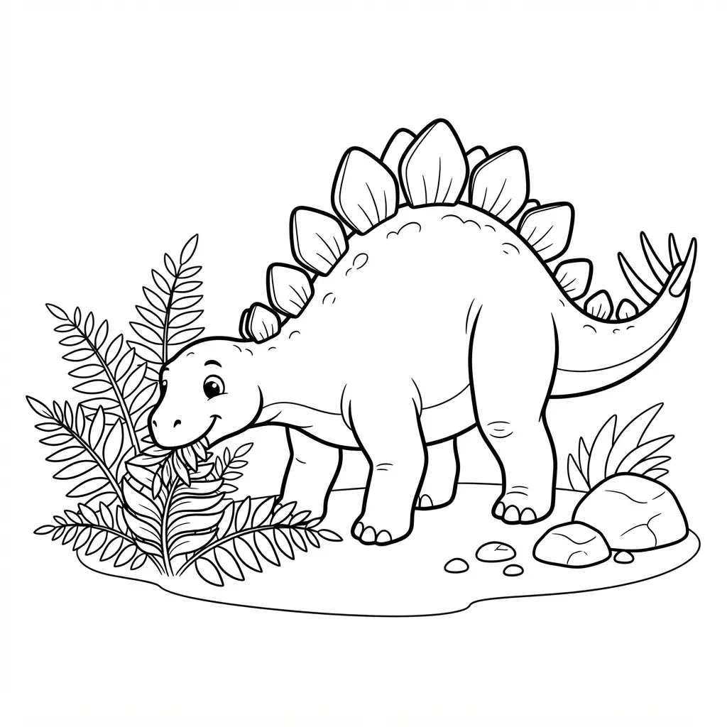 Friendly Stegosaurus with large back plates bends toward fern leaves beside rocks and low prehistoric plants.