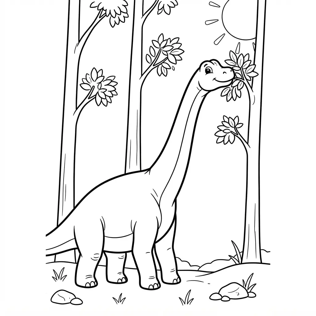 Dinosaur coloring pages showing a Brachiosaurus stretching its long neck toward tall trees, leaves, and a sunny sky.