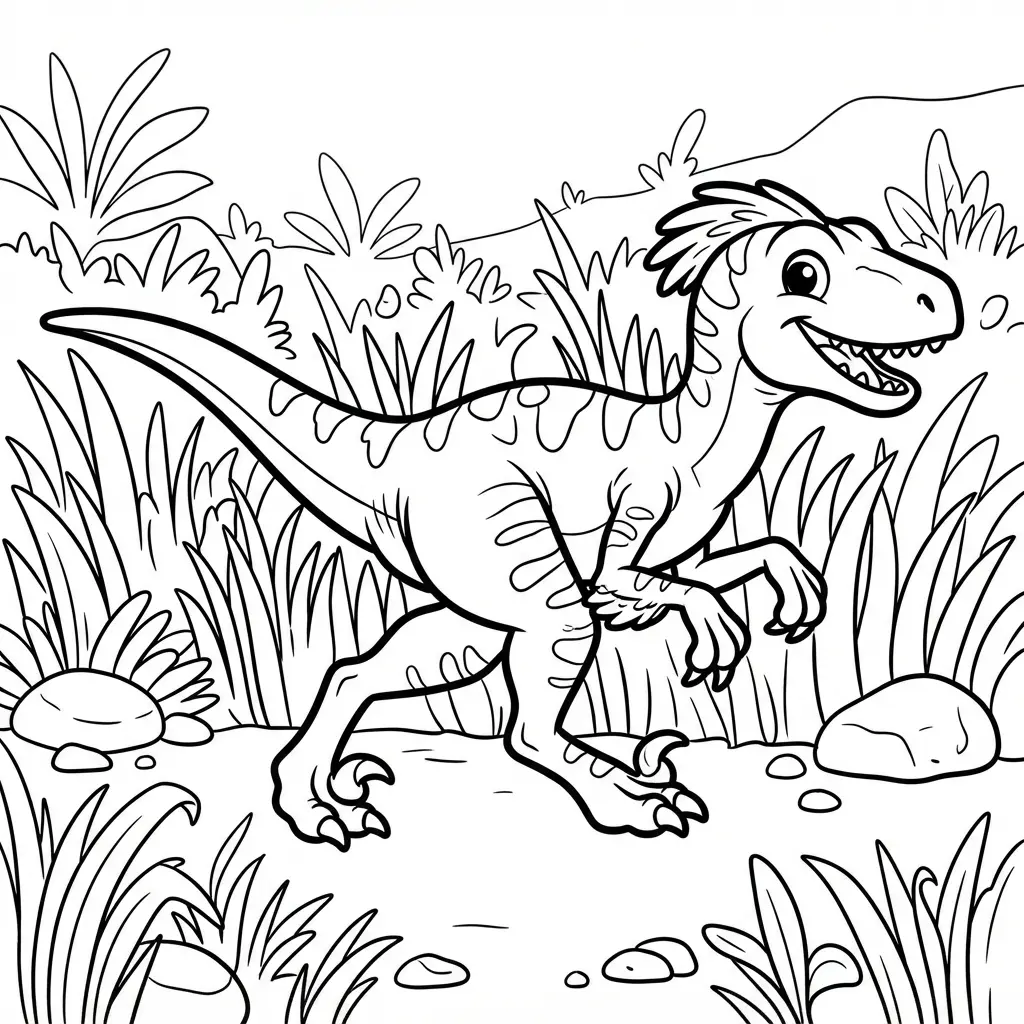 A fierce Velociraptor runs through tall grass with bent legs, a long tail, scattered stones, and distant plants.