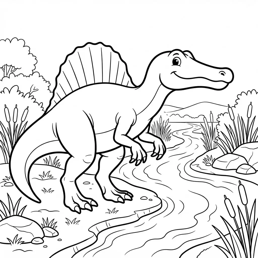 Dinosaur coloring pages featuring a Spinosaurus beside a winding river with reeds, ripples, rocks, and low hills.