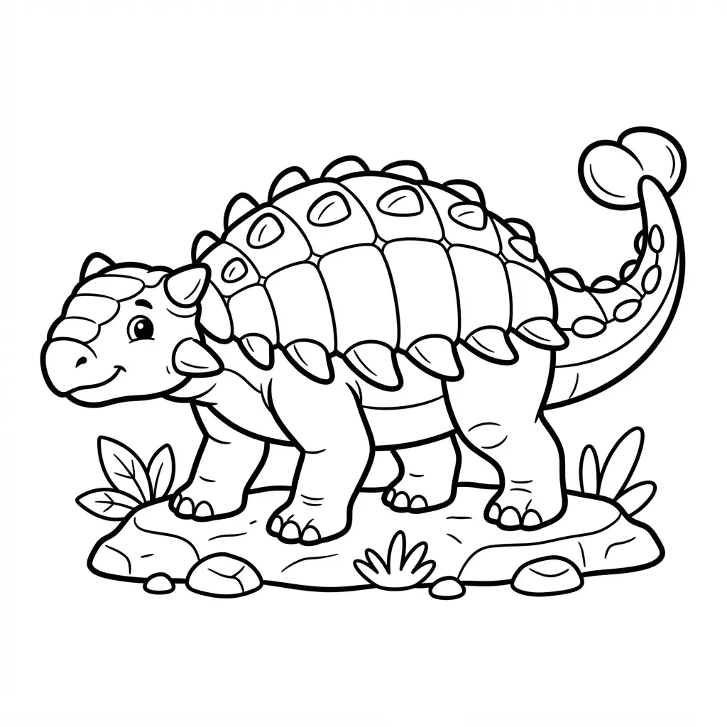 Ankylosaurus stands on rocky ground with heavy armor plates, a clubbed tail, small plants, and clear outlines.