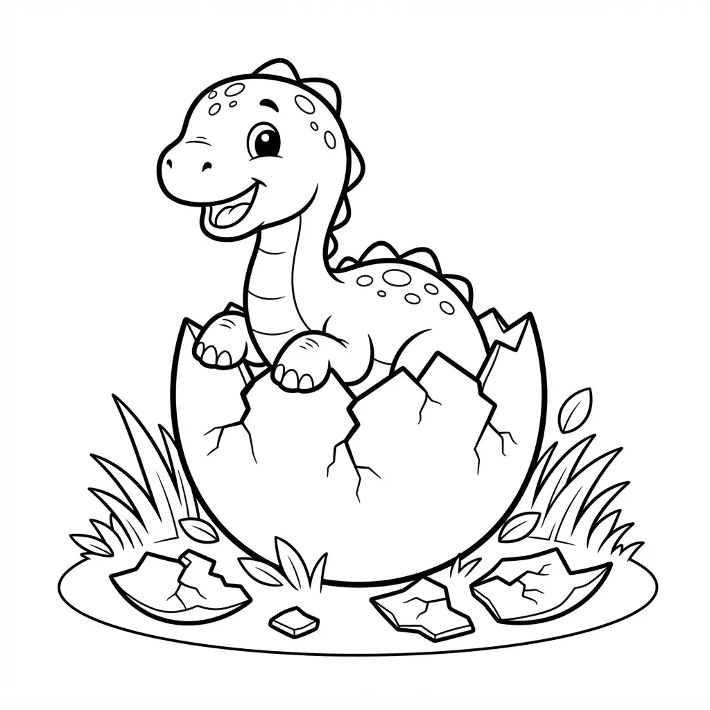 Dinosaur coloring pages showing a baby dinosaur emerging from a cracked egg beside shell pieces, grass, and leaves.