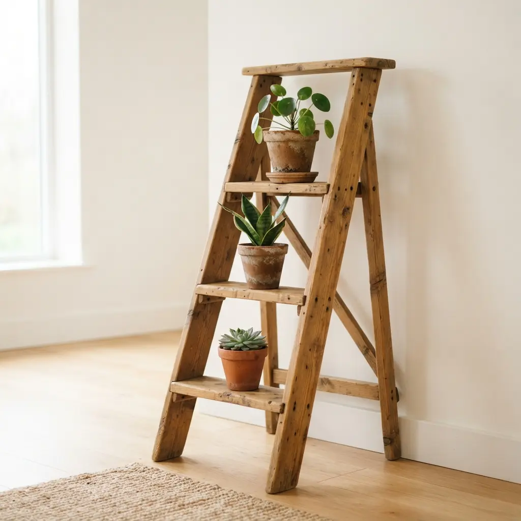 DIY flower pot stand ideas featuring a reclaimed wooden ladder shelf with three potted plants indoors.
