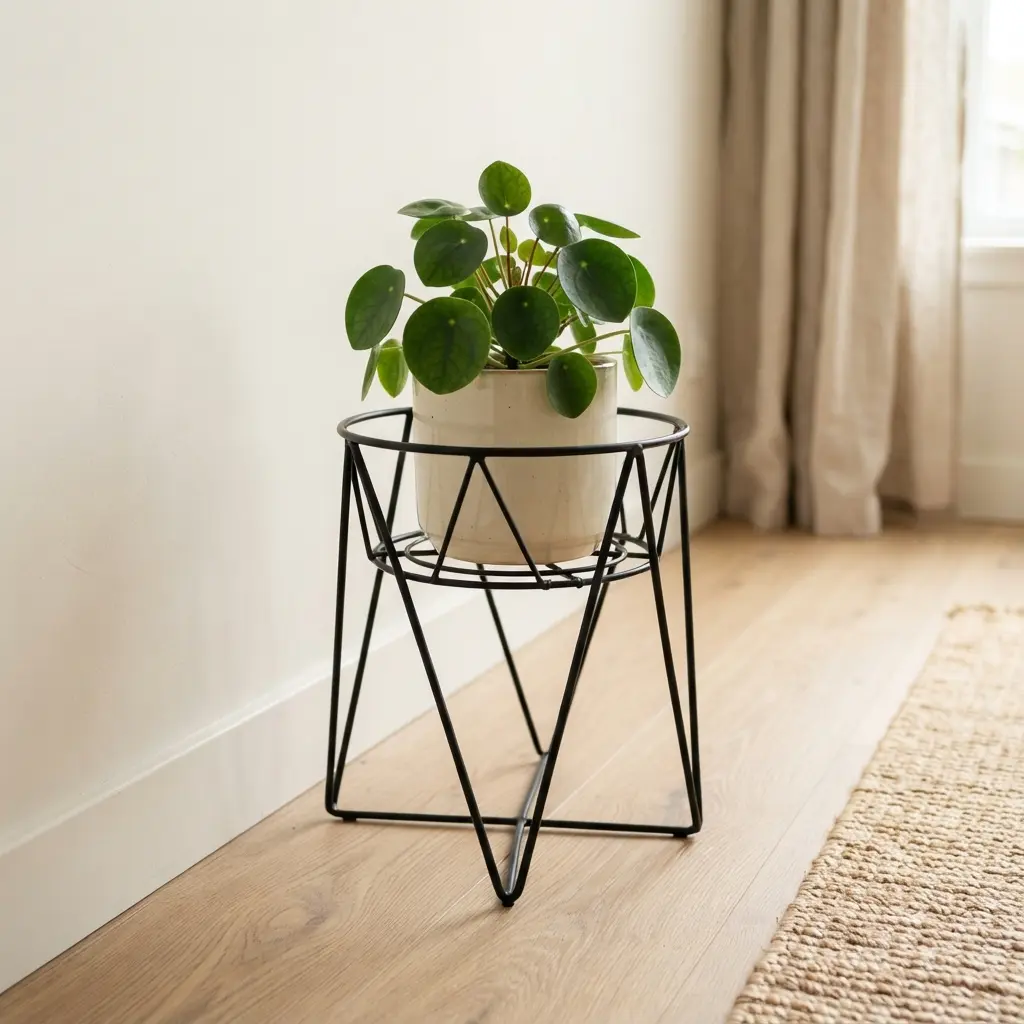 DIY flower pot stand ideas showing a black metal wire basket stand with a round leafy pot in a living room.