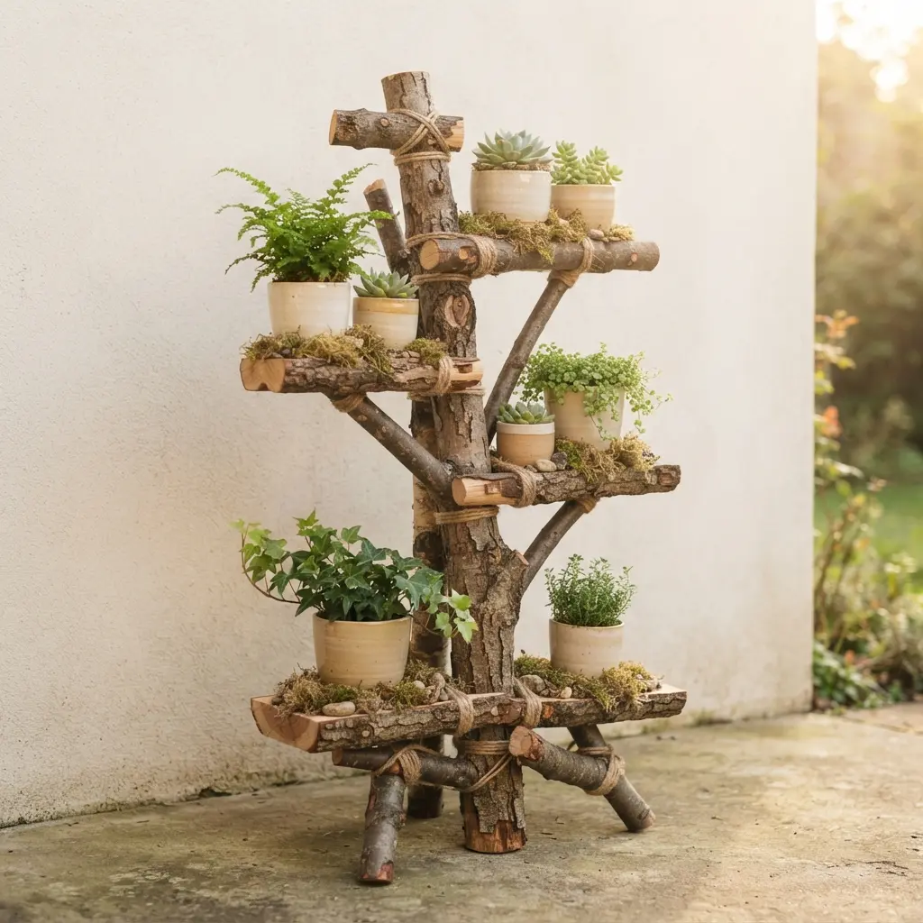 Natural branches form a tiered rack holding ceramic pots, moss, and small green plants outdoors.