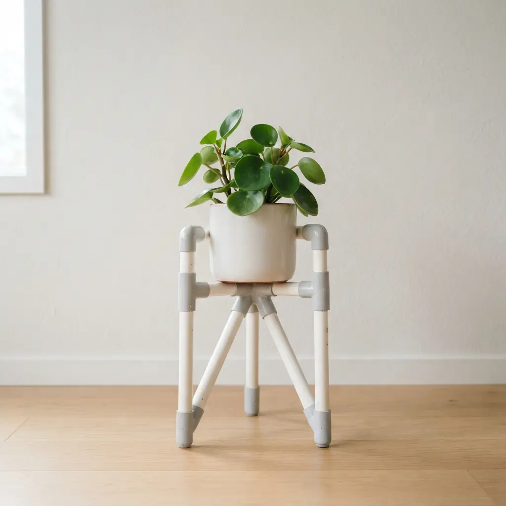 A white painted PVC pipe frame supports a small round planter beside a clean modern interior wall.