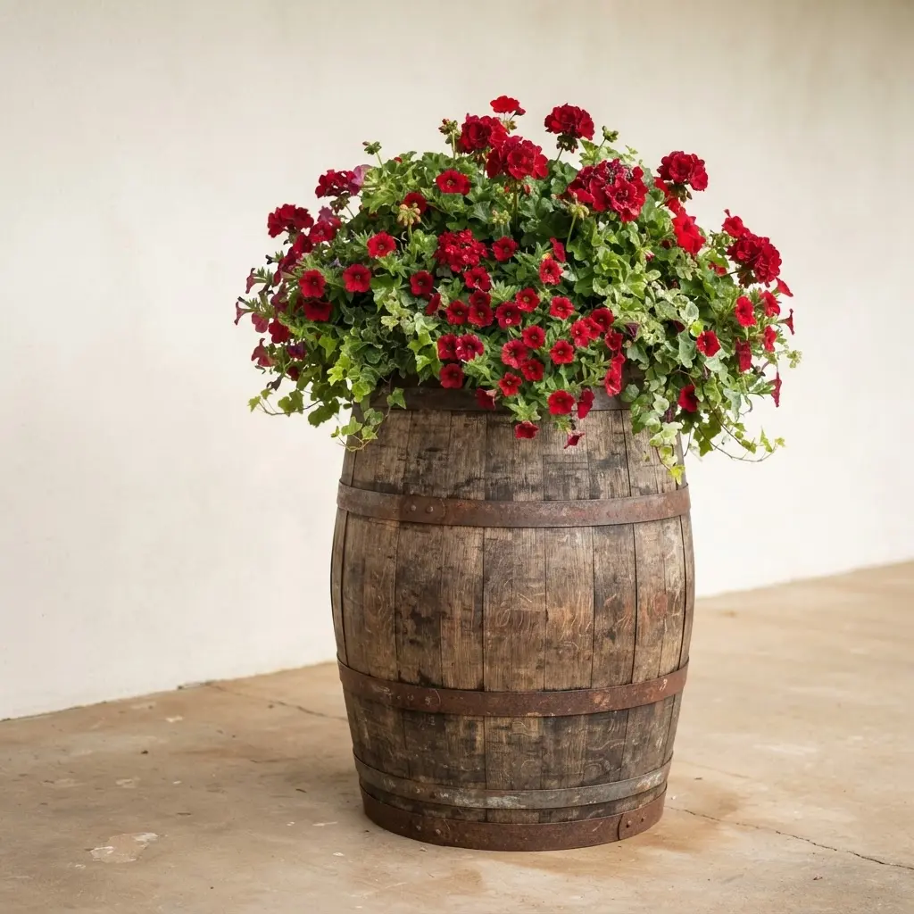 A rustic half wine barrel serves as a pedestal beneath a large flowering pot on a farmhouse porch.