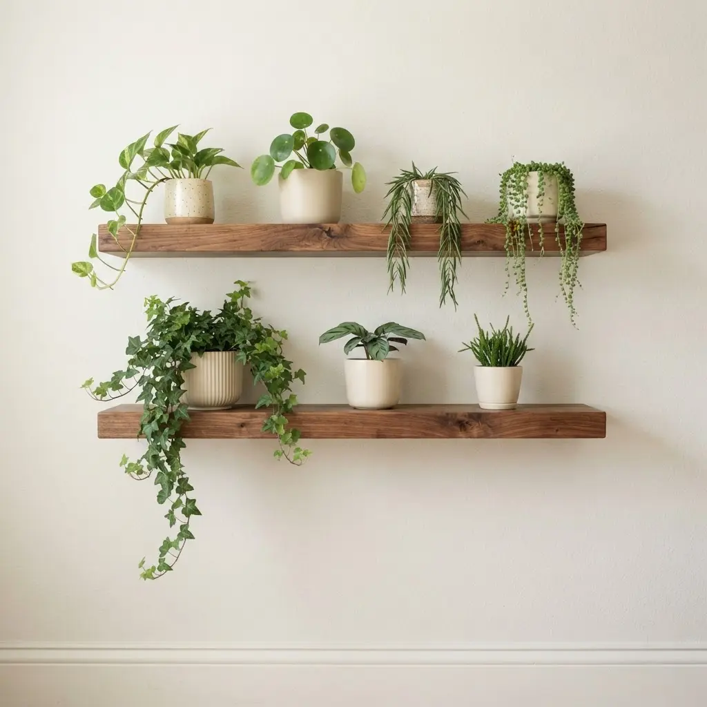 Industrial floating wooden shelves hold small ceramic planters and trailing foliage on a pale indoor wall.