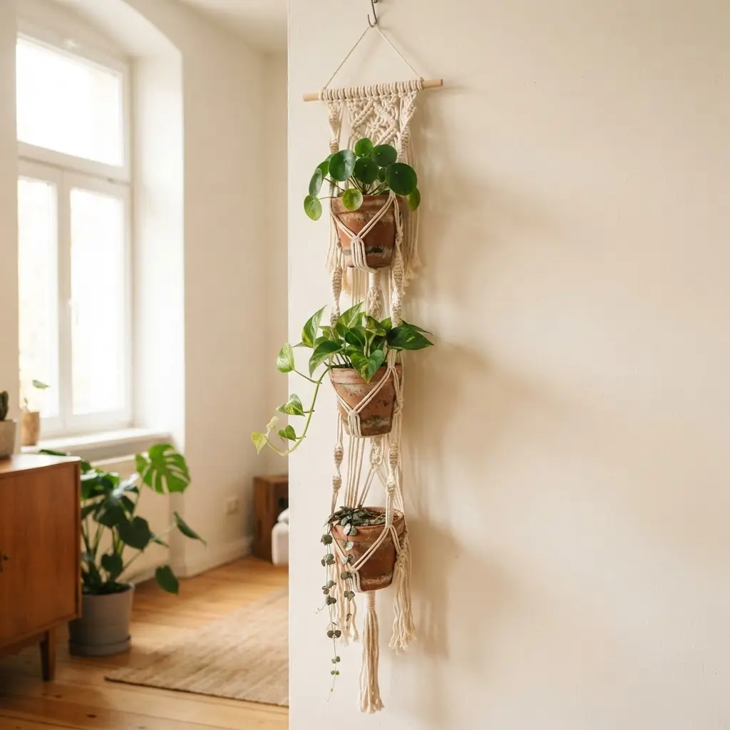 A boho macramé hanging station displays three ceramic plant holders beside a sunlit indoor window.