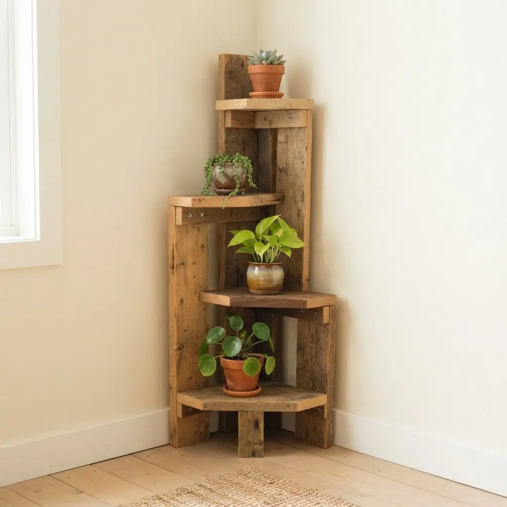 A narrow scrap wood tower fits into a room corner with four small potted plants on staggered shelves.