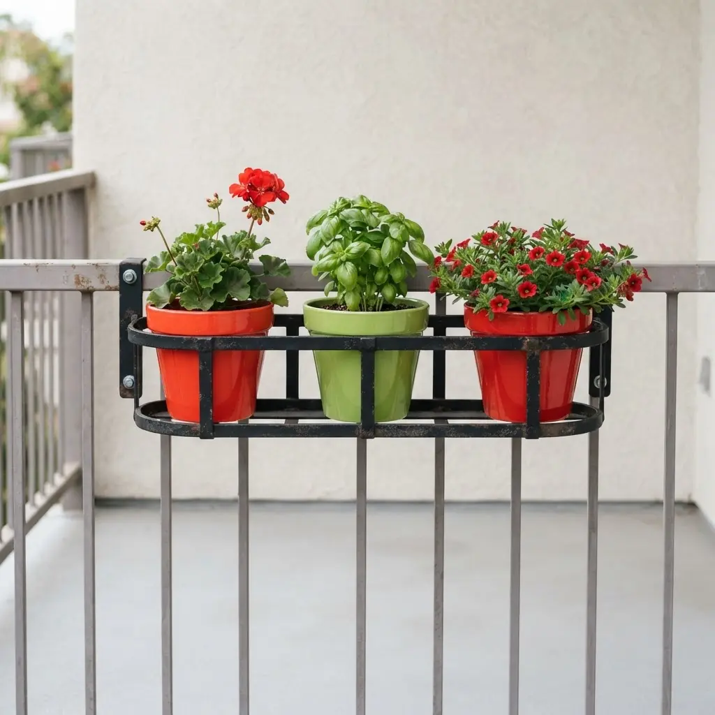 An upcycled black iron railing holder secures three flower pots along a sunny apartment balcony.