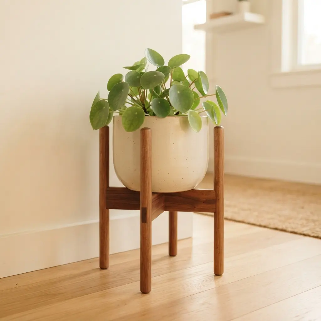 A mid-century modern wooden dowel stand supports a rounded ceramic planter beside a warm-toned cabinet.