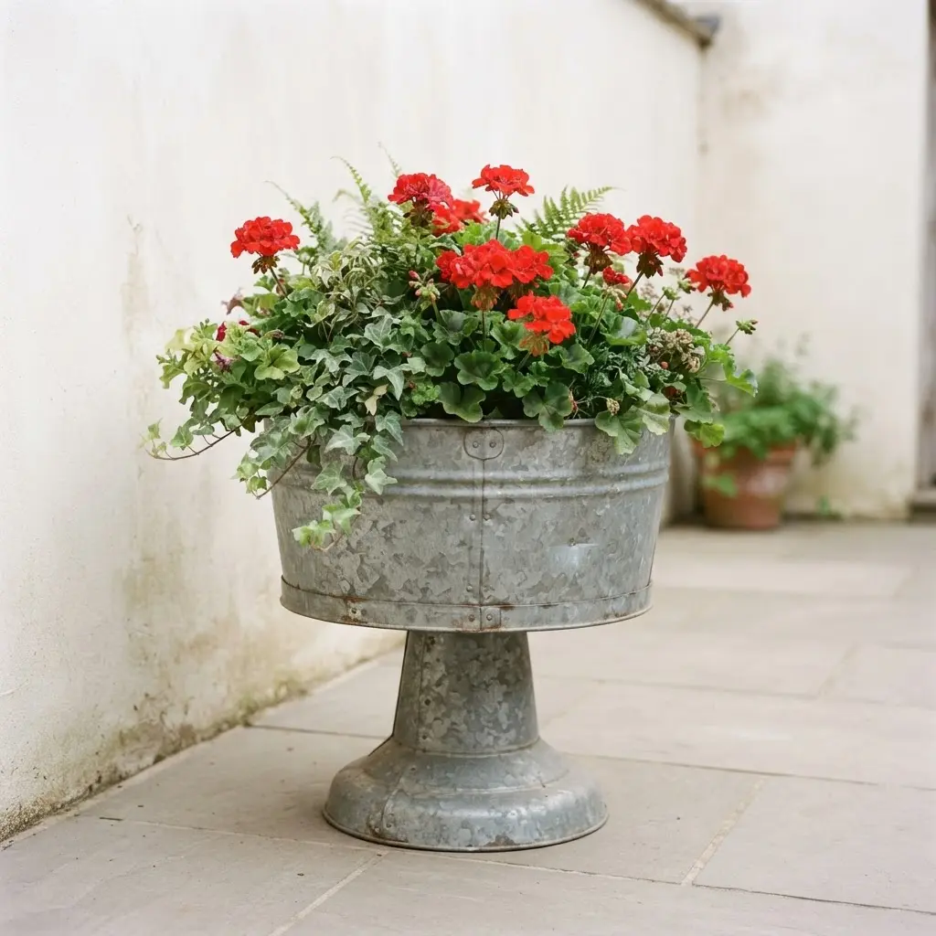 A galvanized metal tub rests on a sturdy pedestal and holds flowering plants in an outdoor garden.