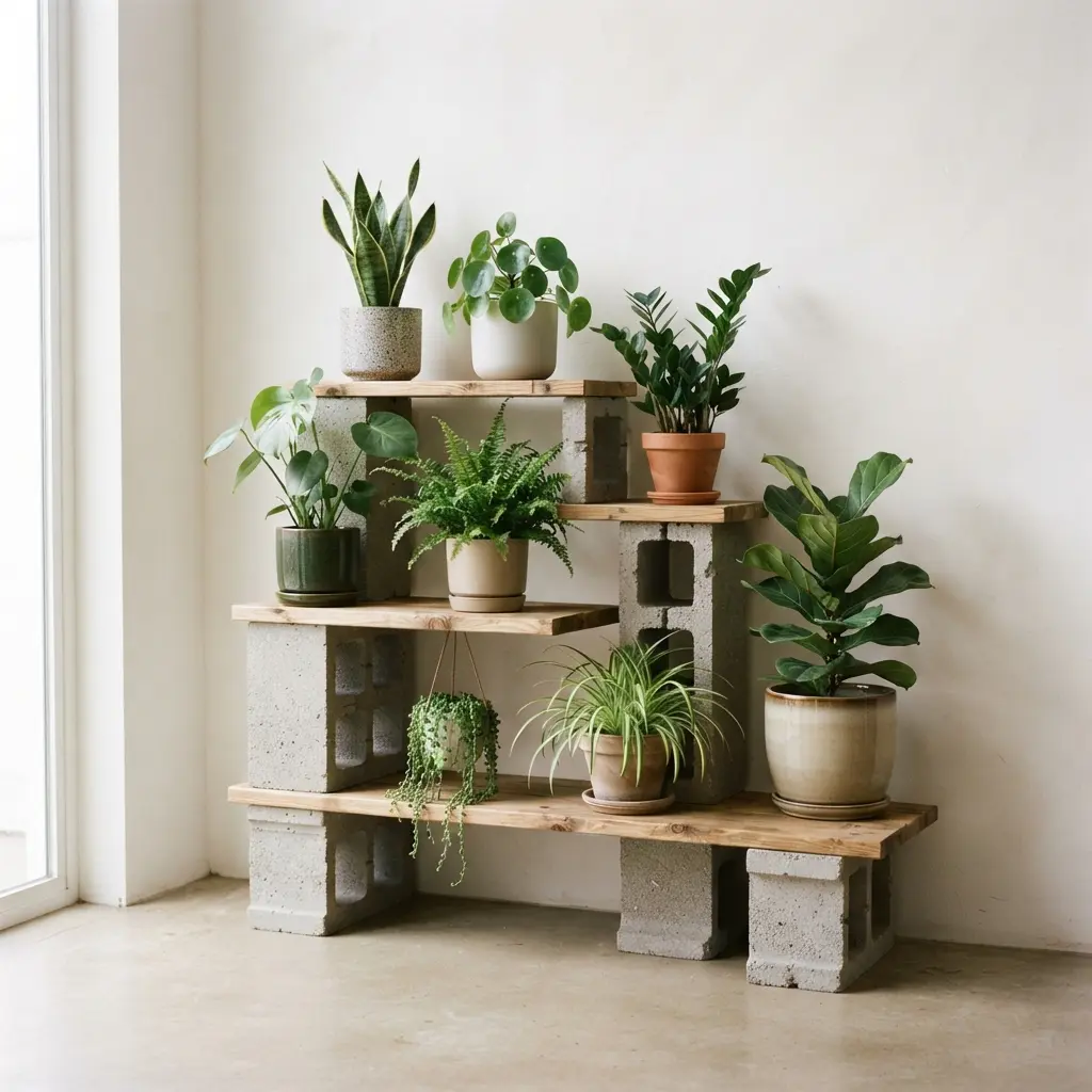 DIY flower pot stand ideas showing cinder blocks supporting staggered wooden boards and ceramic plant pots.