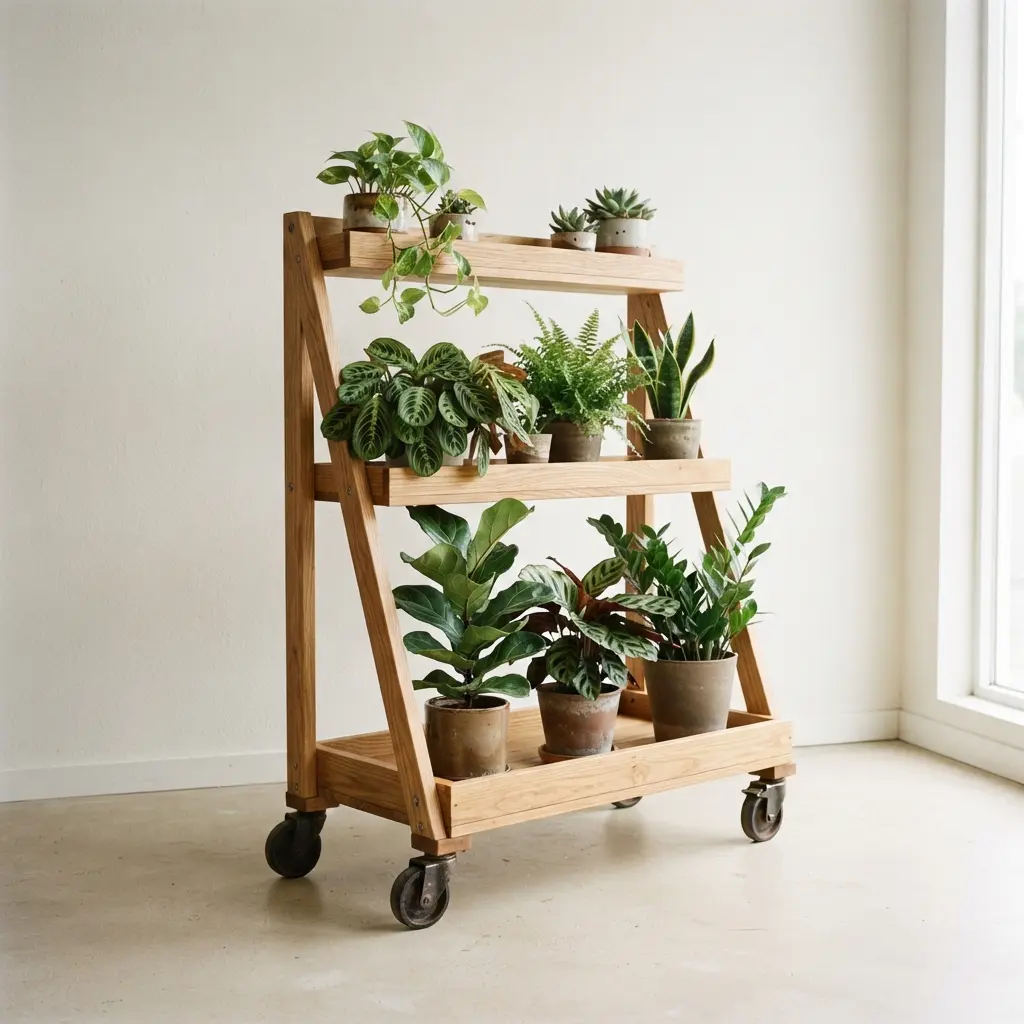 A tiered wooden garden stand on caster wheels holds several leafy pots beside a bright greenhouse door.